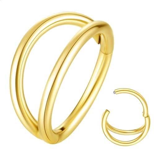 Popuhoops 16G 10mm Double Hoop Nose Ring Gold 316L Surgical Steel Cartilage Earring Septum Jewelry Seamless Hinged Clicker Segment 16 Gauge Conch Daith Tragus Helix Rook Piercing Lip Ring
