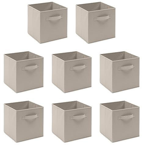 8 PCS Folding Collapsible Storage Cube Boxes for Kids Toy Clothes with Handle, Foldable Kids Canvas Unit Cube Organiser Basket Bin for Nursery Children Bedroom Wardrobe (Pack of 8, Beige)