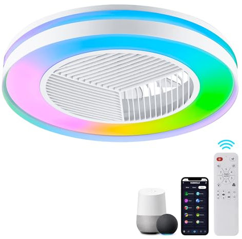 HUMHOLD Smart Low Profile Ceiling Fan with RGB Lights, 20 Bladeless Ceiling Fans with Alexa/Google Assistant/APP Control, Dimmable Color Chaning LED-RGB Ceiling Fan for Kids Bedroom Living Room White