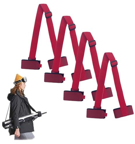 LinZong 4Pcs Ski Mate Ski Straps, Ski Carrier Strap,Ski Straps For Carrying, Adjustable Velcro Snowboard Shoulder Strap, Carry Your Ski Gear With Ease, Ski Boot Carrier Strap, Pole Carrier. (Red)