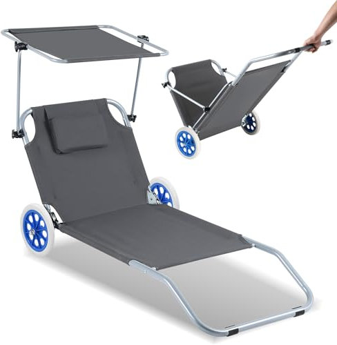 Ansobea Sonnenliege mit Dach Liegestuhl klappbar mit Rollen,Strandliege 5-Fach Verstellbarer Rückenlehne,Gartenliege bis 100kg belastbar Campingliege für Strand oder Pool Garten,Alu,Grau