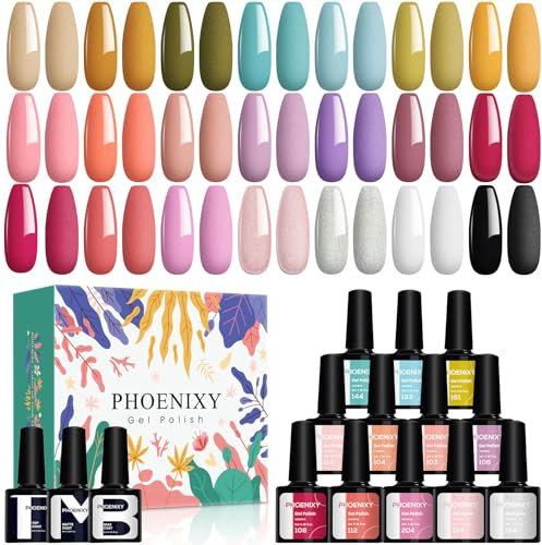 Gel Nail Polish Set, Phoenixy 21 Colours U V Gel Nail Polish Nail Varnish Set Base and Top Coat Nail Gift Set for Women 
