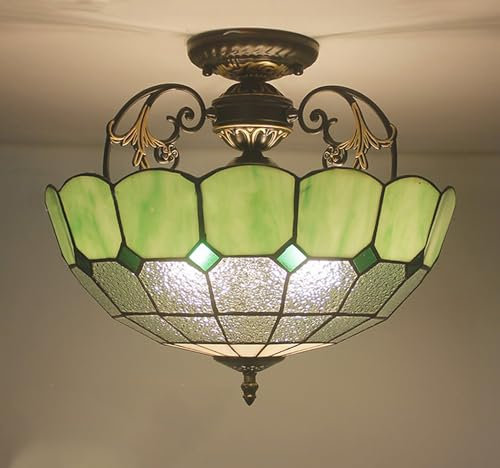 Yjmgrowing Deckenleuchten im Vintage-Tiffany-Stil 16-Zoll-Deckenlampe aus mediterranem Buntglas Traditionelle einfache Deckenleuchte für Schlafzimmer, Wohnzimmer, Flur, Foyer,Grün