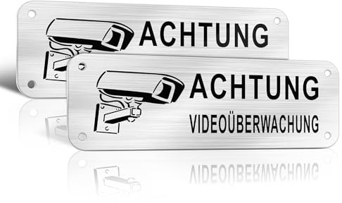 TAKULA 15 * 5CM Aufkleber Videoüberwachung Klein,Achtung Videoüberwachung Schild mit Klebeband,Gebürstetes Aluminium Schild Kameraüberwachung(Pack of 2)