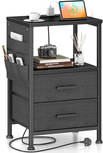 COWISH Bedside Table with 2 Drawers, Industrial Sofa Side End Table, Nightstand, End Table with Storage Shelves, for Living Room, Bedroom