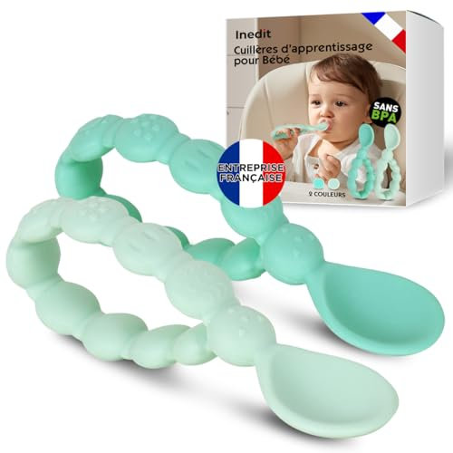 Cuchara de bebé de 1ª edad (2 piezas) – Cuchara de silicona – Cuchara curvada flexible para comidas de bebé de más de 1 mes – Calidad garantizada (2, verde)