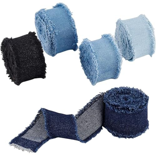 PH PandaHall 8.5 Yards X 1 1/8 Zoll 5 Farben Denim Band Rustikales Ausgefranstes Stoffband Mit Fransen Geschenkband Für Hochzeitseinladungen Verpackung 5 Rollen