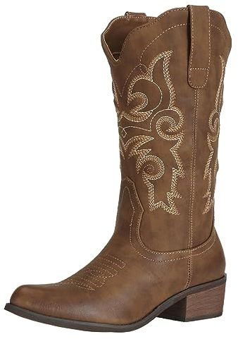 J's.o.l.e Ladies Pointed Toe Western Cowboy Boots Brown Black | Classic Stitching, Festival Season, Wide Mid-Calf, Anti-Slip Rubber Sole, Line Dancing, Statement Piece