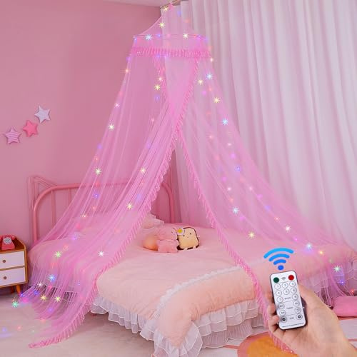 MHJY Betthimmel für Mädchen, Moskitonetz, Kinderbettvorhänge mit LED-Lichtern und Fernbedienung, Prinzessinnen-Raumdekoration für Kinderzimmer, Zubehör