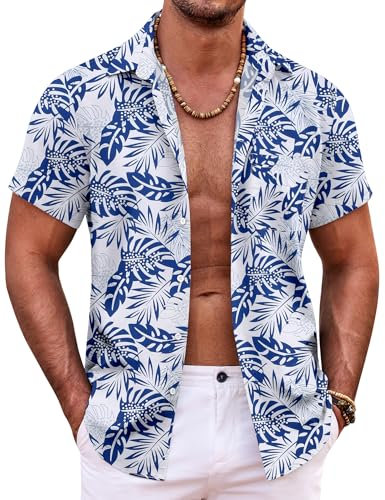 COOFANDY Herren Hawaiihemd Sommer Kurzarmhemd Freizeit Blumen Shirt Urlaub Strandhemd Button Down Regular Fit Hemden Marineblaue Blätter XL