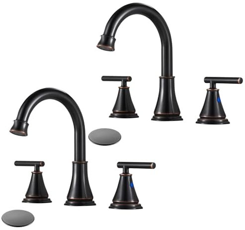Fransiton Lot de 2 robinets d'évier de salle de bain à 3 trous, bronze huilé pour lavabo de salle de bain avec drain pop-up, robinet de salle de bain large de 20,3 cm, robinet de lavabo à 2 poignées