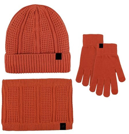 Damen & Herren Herbst Winter Warm Niedlich Wolle Mütze Schal Handschuhe Drei Winter Schnee Strickmütze Bildschirm Fäustlinge Schals Sets Mütze Handschuhe Set Damen, Orange, One size