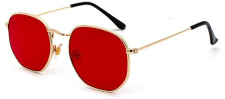 qinqilanqi-S Mode polygonale Sonnenbrille für Damen und Herren,Klassische Super Leichte Metallrahmen Gläser ，UV Schutz (Gold/Rot)