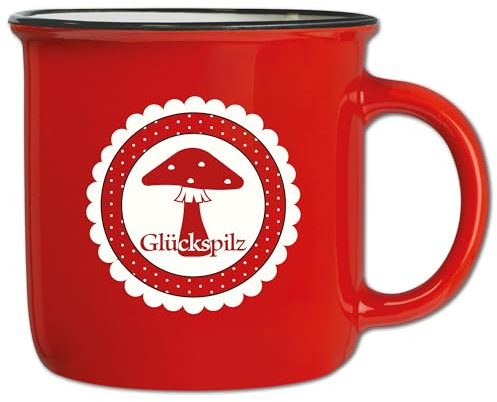 Vintage Tasse Rot mit Spruch T164 ″Glückspilz″ Keramik Motivtasse Geschenk Geburtstag Glück Retro Nostalgie 350 ml