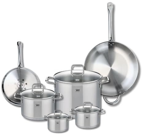ELO 9507350 Batterie de cuisine 6 pièces, Ensemble de 2 Poêles de cuisson 24 et 32 cm et 4 faitouts 12, 14, 20 et 26 cm Elo Profi Citrin, inox, induction
