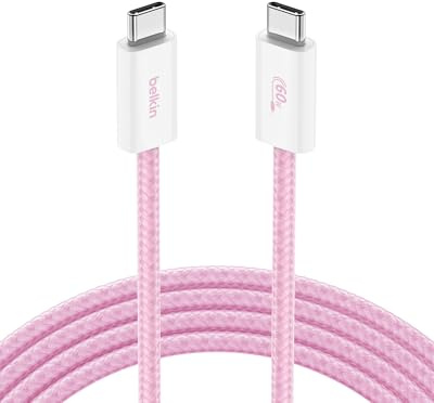 Belkin Braided USB-C to USB-C Cable (2M, 60W) - Soft, Flexible Fast-Charging Cable, Type C Charger Cord for iPhone 16 & 15 Series, Galaxy S25, Pixel 9, iPad Pro, & More - Pink (USB 2.0)