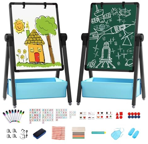 Chidiam Kinder Tafel Staffelei Metall Kindertafel Doppelseitige Whiteboard Und Kreidetafel 360 drehbare Höhenverstellbar Standtafel mit Zahlen und Anderem Zubehör für Kinder und Kleinkinder