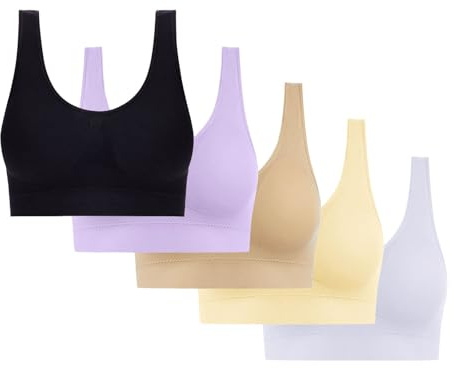 5 Pieces Women's Sports Bra Ladies Bras V Neck Push up Bras Seamless Crop Tops Vest Wide Back Bra Full Coverage Non Wired Sleep Bra Comfy Cami Bras Backless Bras with Removable Pads Yoga Lounge Bras