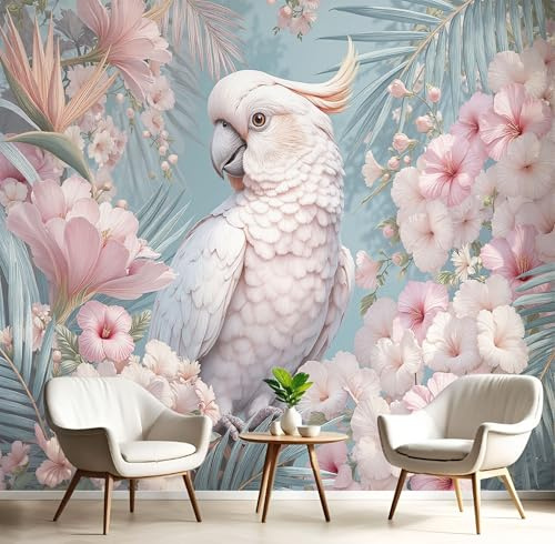 JEDTAKCT Papier Peint Panoramique En Soie Vert Pastel - Perroquet Élégant 3D - 250X175Cm - Revêtement Mural Décoration Floral Tropical Décoration Tapisserie Wallpaper Muraux Photo Salon Chambre