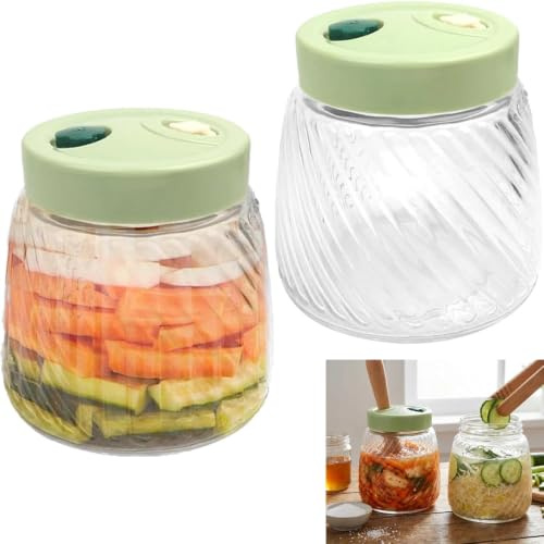 Ruikcoll 2 Pack 1L Glass Fermentation Jars with Double Airlock Valve,Kimchi behälter,fermentierglas, Airtight Kimchi Sauerkraut Fermenting Jars Set with Tongs & Tamper for Honey Pickling