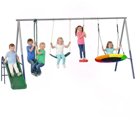 AIYAPLAY Balançoire Portique 5 en 1 avec Toboggan 350 Kg Multicolore | 3 Balançoire, Face à Face, Hauteur Réglable, Pour Enfants 3-8 ans, En Acier, Extérieur