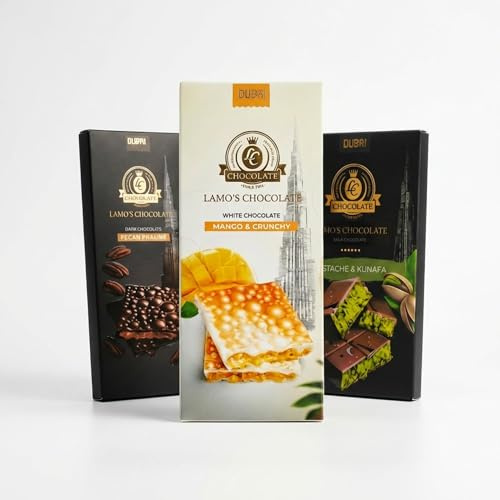 LAMO’S - Chocolat Dubai Pistache & Kunafa, Chocolat Noir Noix de Pécan et Mangue Crunchy (80 g) - Lot 3 tablettes de 80 g