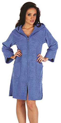 FOREX Lingerie kuscheliger und moderner Damen Bademantel, mit Reißverschluss, Kapuze & Taschen, made in EU, jeans, Gr. M