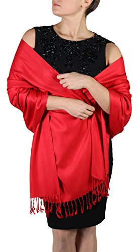 Pashmina Schal Tuch für Frauen - Quastenveredelung - Kostenloser Aufhänger (Über 20 Farben) Handgefertigt (Rot)