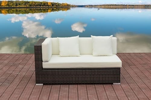 OUTFLEXX 2-Sitzer Ecksofa aus hochwertigem Polyrattan, braun marmoriert mit Kissenbox-Funktion, Armlehne rechts, inkl. Kissen, Lounge-Sofa, Couch, wetterfest, rostfrei, Boxfunktion
