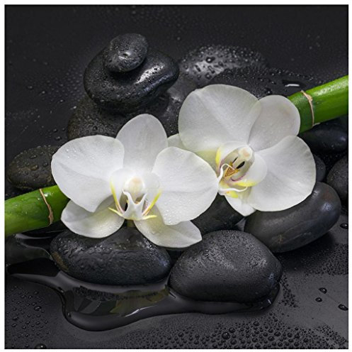 levandeo Glasbild 30 x 30 cm Wandbild Glas Orchideen Bambus Steine Dekoration Wanddeko Wellness Bild