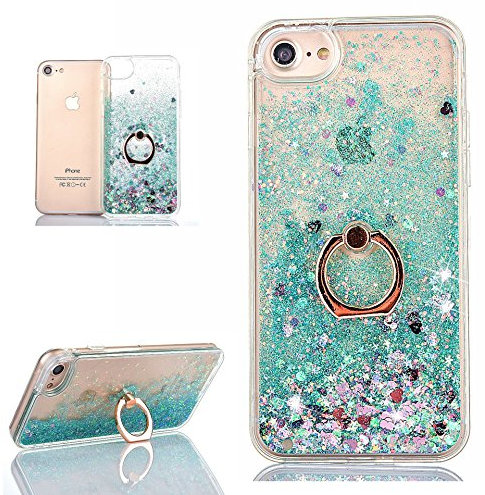 Hancda Phone Case for iPhone SE 2022 / iPhone SE 2020 /iPhone 8/iPhone 7 Case Cover Glitter Sparkle Liquid Sparkly Hard Back Transparent Silicone Clear Soft Bumper Case with Ring Holder Stand,Green