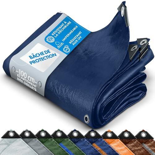 etm - Bâche imperméable avec oeillet - Bâche de Protection Usage extérieur intérieur - Bâche étanche, résistante aux UV pour Bateaux Chantiers travaux - Epaisse densité 140 g/m², Bleu 3x5 m