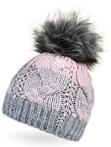 Neverless® Damen Strick-Mütze gefüttert Fleece-Innenfutter Fell-Bommel Kunstfell Winter-Mütze Bommelmütze Zopfmuster Mehrfarbig grau-rosa