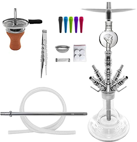 Shisha King® Fiesta 4 Anschluss Wasserpfeife Set 66 cm V2A Edelstahl + Zubehör | Schlauchset Molassefänger Hygienemundstück Kopf Adapter 18 8 Schliff stainless steel waterpipe