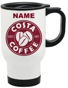 Costa Coffee Personalised White Travel Mug Cup. Your Name Printed Mug Coffee Tea Cup. (White Metal 15oz Travel Mug) by CiderPressMugs®