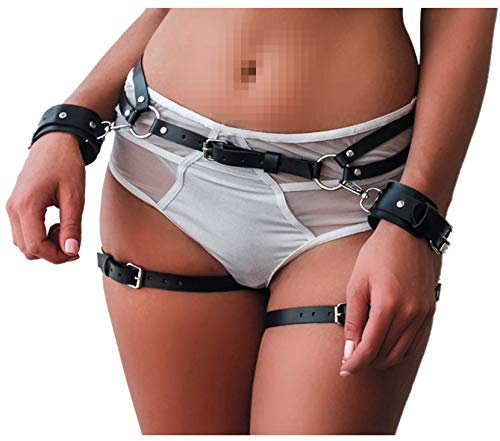 keland Damen Sexy Punk Leder Körper Harness Harajuku Bein Caged Oberschenkel Holster Strumpfband Gotisch Taille Gürtel für Rave Outfit (Schwarz-003)