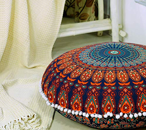 Popular Handicrafts Großer Hippie-Mandala-Bodenkissenbezug – Kissenbezug – Pouf-Bezug rund Bohemian Yoga Decor Bodenkissenhülle – 55,9 cm blau Mehrfarbig