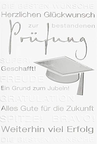 bsb Karte zur bestandenen Prüfung 11,5 x 17,0cm - hochwertige Herzlichen Glückwunsch Karte mit silber Schrift & Umschlag - Prüfung bestanden Karte mit Umschlag - Glückwunschkarte mit Hut-Motiv