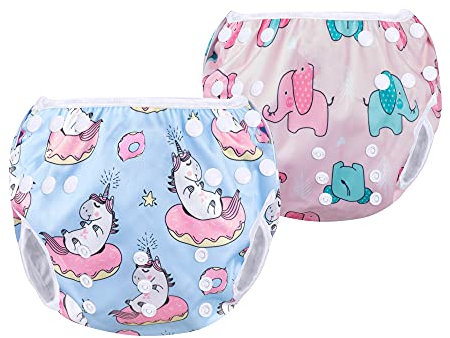 Luxja Bañador Pañal Bebé Reutilizable para Niños (0-3 Años), Bañadores de Tela, Aprendizaje, Unicornio + Elefantito