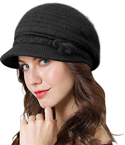 Genfien Barette für Damen Brim Cap Newsboy Cap für Damen Baskenmütze Dickes Fleece Gefüttert Retro-lässige Häkelmode Gestrickte Strickmütze Leichte Winter One Size,Schwarz