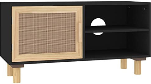 vidaXL Meuble TV Centre de Divertissement Armoire Multimédia Meuble de Rangement Salle de Séjour Noir 80x30x40 cm Bois de Pin Massif et Rotin Naturel