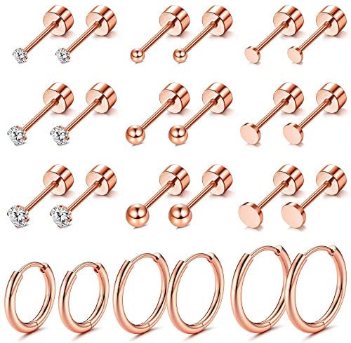 Morfetto 12 Pairs Piccolo della vite prigioniera orecchino ad anello in acciaio inox orecchino Set per più piercing posteriore piana Orecchini cartilagine piccoli orecchini a cerchio in oro rosa