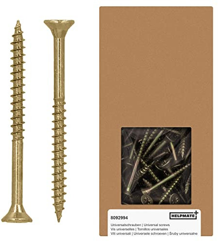 HELPMATE - Vis universelles tête fraisée 4x50 passivées jaune - 400 vis à bois avec entraînement PZ 2 et filetage partiel - Boulons pour panneaux de particules pour l'intérieur & l'extérieur protégé