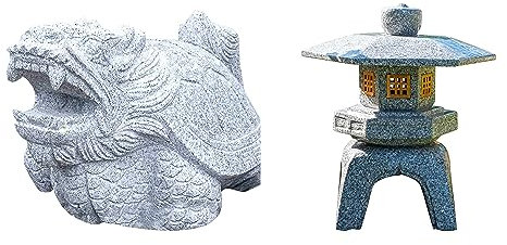 IDYL 2er Set | Granit-Stein Tierfigur Drachenschildkröte 60cm + Granit-Stein Laterne Kadai Yukimi mit Holz-Fenster | Frostfest | Höhe 70 cm | Grau | Handarbeit | Asiatische Dekoration für Garten