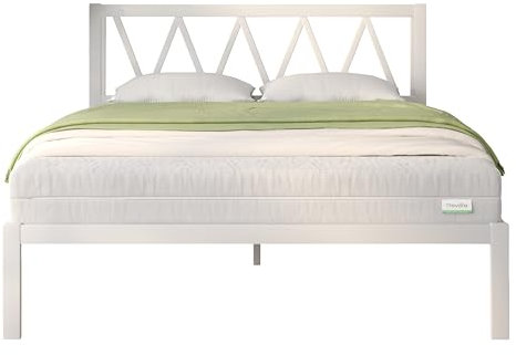 Novilla Bettgestell 120 x 190 cm, Bettrahmen mit Lattenrost, Bettgestelle mit Kopfteil-Design, Doppelbettgestell, Stauraum unter dem Bett, Weiß