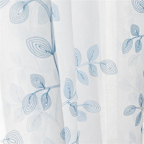 KEKUYA 2 er Set Wohnzimmer Gardinen,Voile Gardinen Vorhang halbtransparent mit Ösen Gardinen Modern für Schlafzimmer Balkontür Luftige Gardinen, Blaue Stickerei B140×H240cm