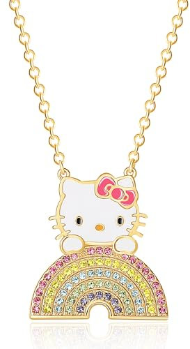 Hello Kitty Sanrio Damen-Halskette mit Kristallen, Regenbogenfarben, 45,7 cm, offizielles Lizenzprodukt, 18 kt vergoldet, Messing, Kristall, Messing, Kristall