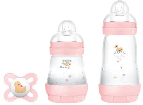 MAM Starter Set mit 2 Anti-Kolik-Fläschchen, 160 ml und 260 ml mit Sauger aus SkinSoft Silikon, mit Original Start-Schnuller, 0+ Monate, rosa