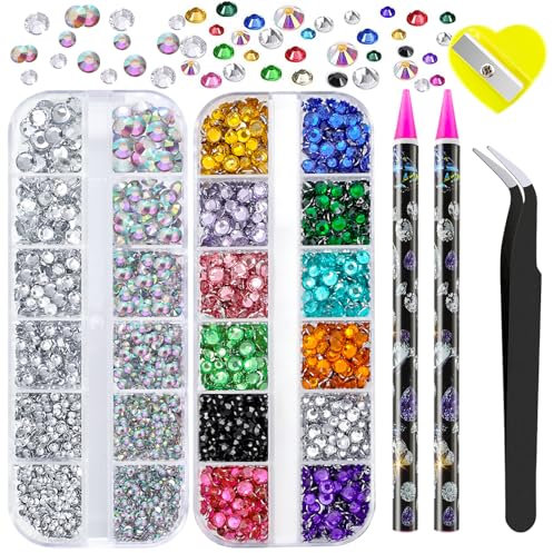 Canvalite Nail Rhinestones 2 Boxes Flatback Nail Gems 6 Sizes Nail Charms Rhinestones for Nails Craft Makeup with Rhinestones Picker and Tweezers for Nail Art Decorations (AB & Clear & Mix Color)