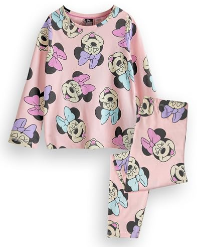 Disney Minnie Maus Mädchen Pyjama Set | Kinder Langärmelige Langbein-Pyjamas mit Grafik in Pink | Allover-Print Minnie Loungewear Bekleidung | Klassische Cartoon Kunst Nachtwäsche Merchandise